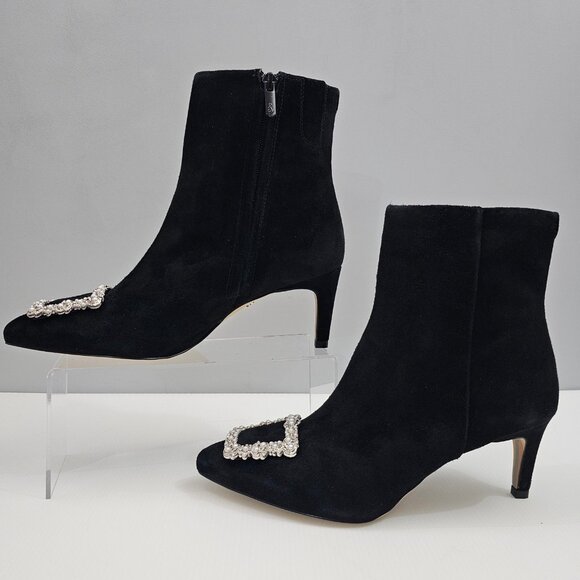 Sam Edelman Ulissa Luster Ankle Boot Womens 8.5 Black Suede Rhinestone Buckle - Picture 2 of 15